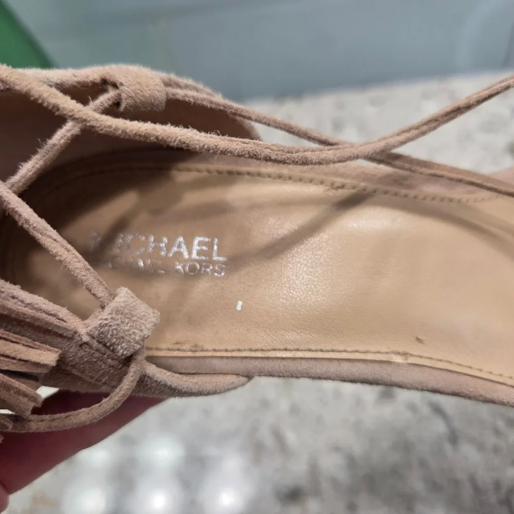 Michael Kors‎ Suede Lace Up Tassel Platform Block Heels Tan Women's Shoes